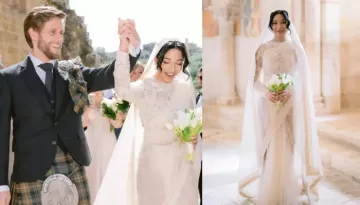 Sabyasachi Bride Wore Ivory Saree, Sheen Veil To Marry Her Scottish Groom In Indo-Scottish Wedding