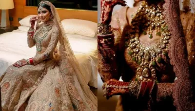Designer Bride Wore A Pastel-Hued Peacock Motif Patterned Lehenga On Her Wedding Day