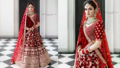  This Sabyasachi Bride Wore A Maroon Velvet Lehenga, Oomphed Her Look With Double 'Dupatta'   