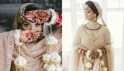  Sabyasachi Bride Opted For A Regal Pastel Pink-Coloured Lehenga And Stunned In Floral 'Kaleere'   