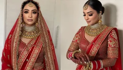  Sabyasachi Bride Teamed Her Red 'Gota Patti' Gold Embroidered Lehenga With A Double 'Dupatta'   