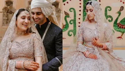  Bride Revamped A Saree Into Her Wedding Day Lehenga, Flaunted A Unique Peach-Coloured 'Chooda'   