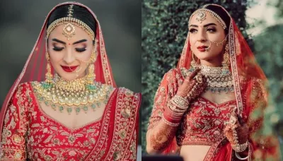 The Bride Designed Her Red Wedding Lehenga From Scratch, Styled It With Gold And Emerald Jewellery
