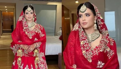The Bride Looked Breathtakingly Gorgeous In Anamika Khanna's Minimalistic Yet Elegant Red Lehenga