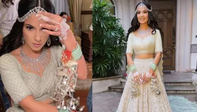 Bride Wore A Minimal Tarun Tahiliani's Lehenga With Mint Green 'Chooda' And Unique White 'Mehendi'