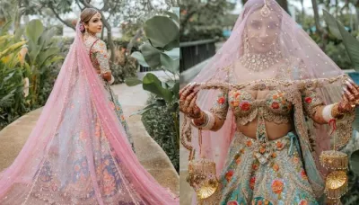  The Bride Gives Peacock Vibes In A Sapphire-Lapis Blue-Hued Lehenga, Dons Huge Pompom 'Kaleeras'   