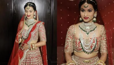  Bride Donned Falguni And Shane Peacock's Stone Studded Crimson Lehenga On Her Wedding Day   