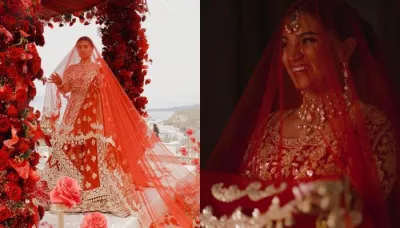  Manish Malhotra Bride Dons A Crimson Tulle Lehenga Featuring 'Dori' Designs, Pairs With A Long Veil   