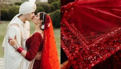 The Bride Wore A Beautiful Red-Coloured Lehenga At Her D-day, Paired It With A Customised 'Dupatta'   