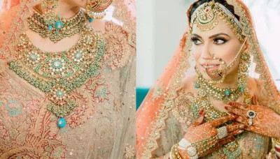  Bride Donned A Rimple And Harpreet Peach Lehenga With Oversized Statement Jewellery At 'Anand Karaj'   