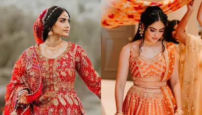  Beauty Blogger Bride Wore A Scarlet Red 'Kalidar' Lehenga With Customised Long Veil   