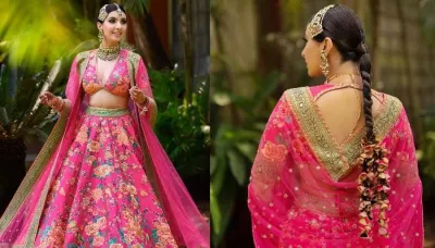  Influencer Bride Wore A Floral Pink Sabyasachi Mukherjee's Lehenga With Punjabi 'Parandi'   