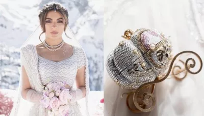  Bride Dons A White Lehenga From Abu Jani-Sandeep Khosla, Flaunts A Princess-Themed Carriage Clutch   