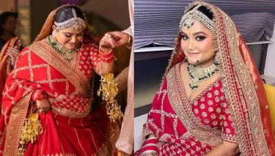  Curvy Bride Stunned In A Red Sabyasachi 'Lehenga', Accessorised It With Heavy 'Polki' Jewellery   