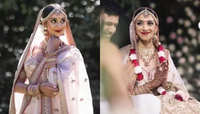  Bride Stuns In A Peach Milk Sabyasachi Lehenga With 'Hariyali' Designs, At Her Wedding In Australia   