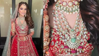  Bride Stuns In A Stone-Studded Falguni Shane Peacock Lehenga, Styles It With Unique Stone Jewellery   