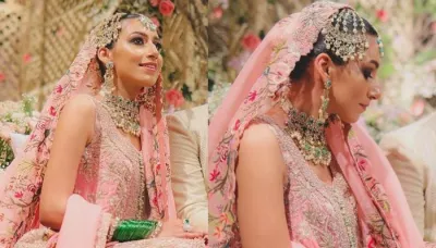  Pakistani Bride Stuns In An Anamika Khanna Rose Milk Pink 'Sharara' Set, Paired It With Drop 'Passa'   