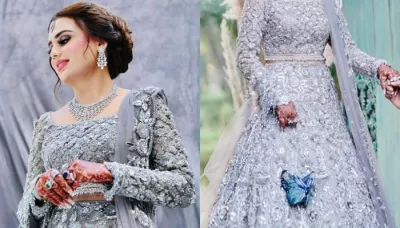 Manish Malhotra Bride Wears A Grey 3D Floral Embroidery Lehenga, Pairs It With A Butterfly Bag