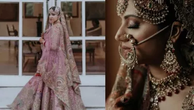  Bride Stuns In Peacock Embroidered Peach Tulle Lehenga, Styles It With Huge Stone-Studded Jewellery   