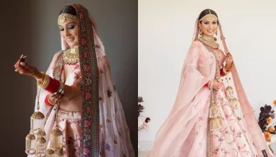 Sabyasachi Bride Dons Blush-Pink Lehenga And Gold Jewellery, Walks Under Mom's 'Shagun Dupatta'