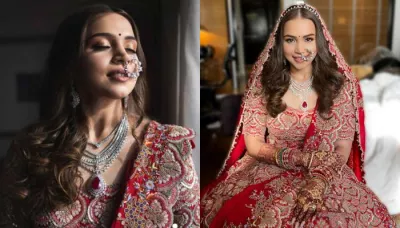  Anamika Khanna Bride Donned Red Embroidered Lehenga, Styled It With A Unique 'Chandbali Nath'   