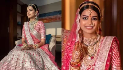  The Bride Wears A Rose Pink Coloured Lehenga From Falguni Shane Peacock, Stuns In 'Polki' Jewellery   