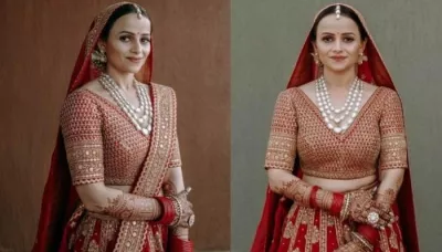  Sabyasachi Bride Dons A Red-Coloured Lehenga, Styles It With Minimal Diamond Jewellery   