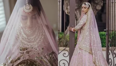  Manish Malhotra Bride Exudes Charm In A Gold Adorned Baby Pink Lehenga Paired With Unique Jewellery   