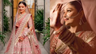  Bride Stuns In A Dusty Pink Stone-Studded Manish Malhotra Lehenga Pairs With Sleek Diamond Jewellery   