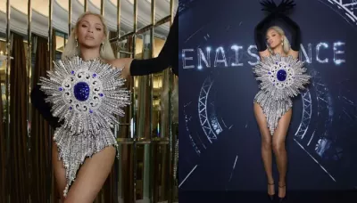  Beyonce Shines Bright In Giant Sapphire Minidress, Paired It With Chunky 20-Carat Diamond Earrings   