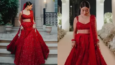  Bride Donned Self-Designed Red-Embellished Lehenga On Wedding, Styled It With Diamond Jewellery   