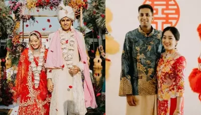  Chinese Bride Dons Vibrant Lehenga For 'Phere', Looks Regal With Indian Groom In Traditional Outfits   