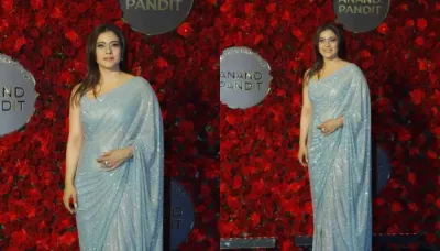  Kajol Dazzles In An Ice Blue Shimmery Saree Worth Rs. 1.2 Lakhs For Anand Pandit's 60th B'Day Bash   