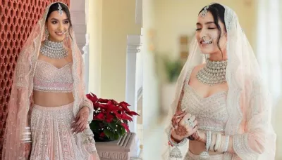  Bride Aces Pastel Vibe In Falguni And Shane Peacock's Embellished Lehenga, Dons Peach-Hued 'Chooda'   