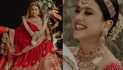  Sabyasachi Bride Stuns In A Minimal Red Lehenga With 'Paan' Motifs, Pairs With 'Meenakari' Jewellery   