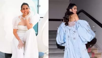  Shloka Mehta Teams Her Shiny Off-Shoulder Dress With Silk Jacket Featuring Floral 'Gota Patti' Works   