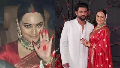  Sonakshi Sinha Wore A 'Chand Buti' Adorned Red Silk Saree Worth Rs. 79K For Her Wedding Reception   
