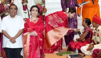 Nita Ambani Dons A Gayatri 'Mantra'-Printed Red Saree, Carries A Lord Krishna Embroidered 'Potli'