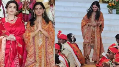 Isha Ambani Dons A Super Pricey 'Sharara' Set Adorned With Pearls And 'Resham' For The Mass Wedding
