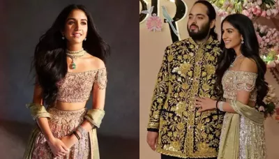  Radhika Merchant Oozes Elegances In A Swarovski Diamond-Encrusted Gold Motif Lehenga For 'Sangeet'   