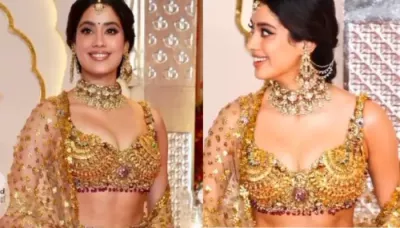  Janhvi Kapoor Dons A Bralette Blouse Made With Real Gold Temple Jewellery Atop Her Sequinned Lehenga   