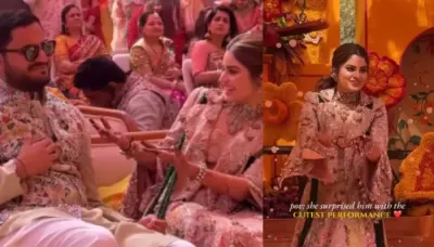  Diva Shah Surprises Jeet Adani, Dances To The Beats Of 'O Re Chhori', At Fun-Filled 'Mehendi' Soiree   