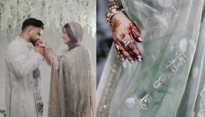  Hina Khan Wore Manish Malhotra Saree With Her And Rocky's Name Embroidered On It With Infinity Sign   