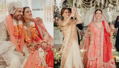  Nupur Sanon Wore Orange-Hued Lehenga For Hindu Wedding, Kriti Sanon Held Her 'Phoolon Ki Chaadar'   