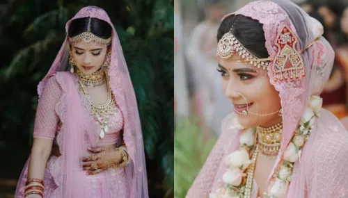 Bride Chose A Baby Pink Hued Lehenga And Styled It With 'Kundan' Jewellery To Add A Pop Of Colour