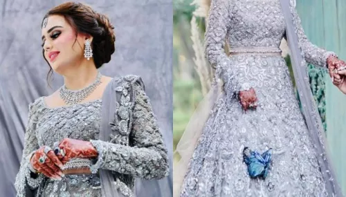 Manish Malhotra Bride Wears A Grey 3D Floral Embroidery Lehenga, Pairs It With A Butterfly Bag