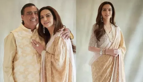 Nita Ambani Looks Resplendent In A Beige AJSK 'Ghagra' With Pearl Scallop Blouse To Welcome Guests
