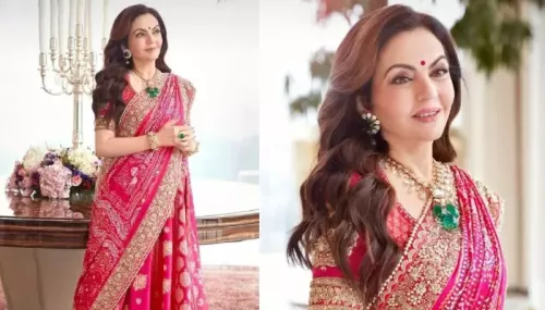 Nita Ambani Stuns In A Red Bejeweled Sabyasachi 'Bandhani' Saree At Anant-Radhika's 'Mameru' Soiree
