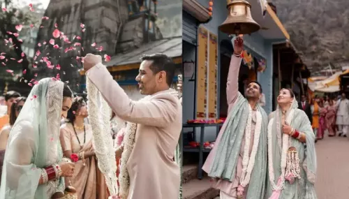 Indian Bride Exchanged Vows At Triyuginarayan Temple, Dons A Mint-Hued Saree With Sleeveless Blouse