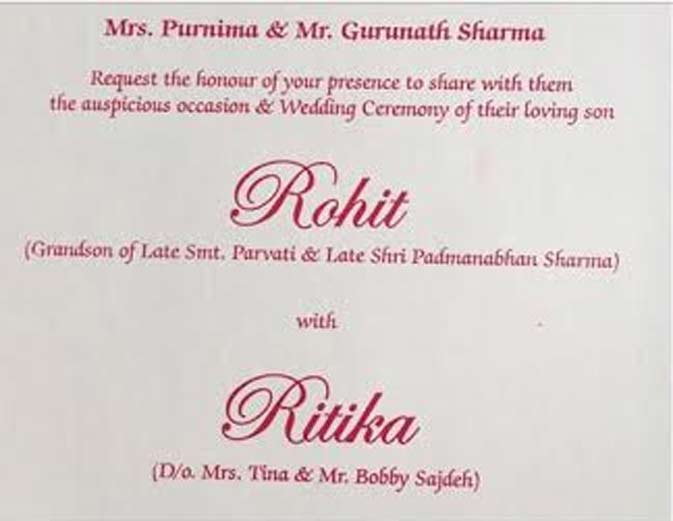 weding card of rohit sharma and ritika sajdeh